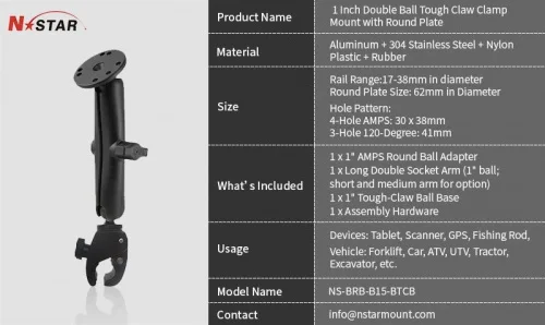 Крепление N-Star малая струбцина Tough Claw, длинная муфта 150 мм шар 25 мм (1") с круглым основанием (NS-BRB-B15-BTCB) фото 4