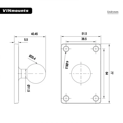 VIN-B-002 Шар VINmounts 25 мм (1") с прямоугольной площадкой 76x51 мм между отверстиями 64x38 мм фото 8
