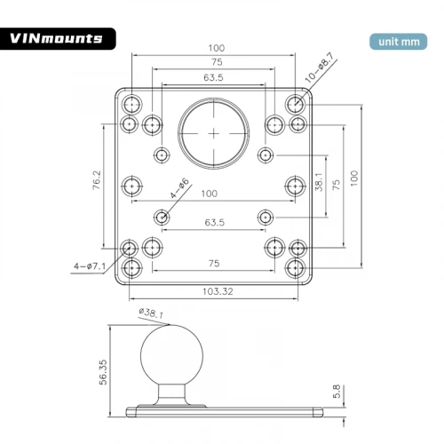 Шар VINmounts 38 мм (1,5") с площадкой VESA отверстия 100х100 мм и 75х75 мм (VIN-C-005) фото 6 Шар VINmounts 38 мм (1,5") с площадкой VESA отверстия 100х100 мм и 75х75 мм (VIN-C-005) фото 6