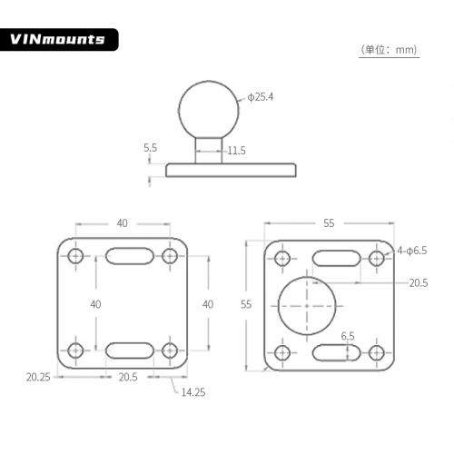 VIN-B-006 Шар VINmounts 25 мм (1") с квадратной площадкой 55x55 мм между отверстиями 40x40 мм фото 7