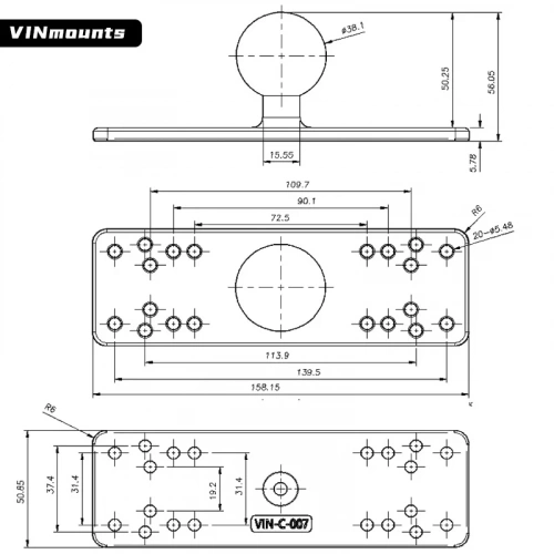 Шар VINmounts 38 мм (1,5") с универсальной прямоугольной площадкой 158x51 мм (VIN-C-007) фото 6 Шар VINmounts 38 мм (1,5") с универсальной прямоугольной площадкой 158x51 мм (VIN-C-007) фото 6