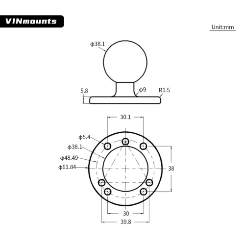 Шар VINmounts 38 мм (1,5") с круглым основанием 64 мм (VIN-C-003) фото 5