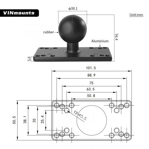 VIN-C-013 Шар VINmounts 38 мм (1,5") с малой универсальной прямоугольной площадкой 102x51 мм фото 6 VIN-C-013 Шар VINmounts 38 мм (1,5") с малой универсальной прямоугольной площадкой 102x51 мм фото 6