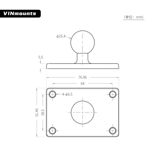 VIN-B-002 Шар VINmounts 25 мм (1") с прямоугольной площадкой 76x51 мм между отверстиями 64x38 мм фото 7