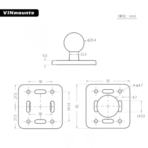 Кронштейн крепежный шар VINmounts 25 мм (1") с площадкой 55x55 мм. Между отверстиями 37,5x30 мм (VIN-B-004) фото 6