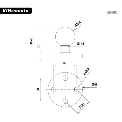 VIN-B-005 Шар VINmounts 25 мм (1") с малым круглым основанием 45 мм. Между отверстиями 21x21 мм (по диагонали 30 мм) фото 6